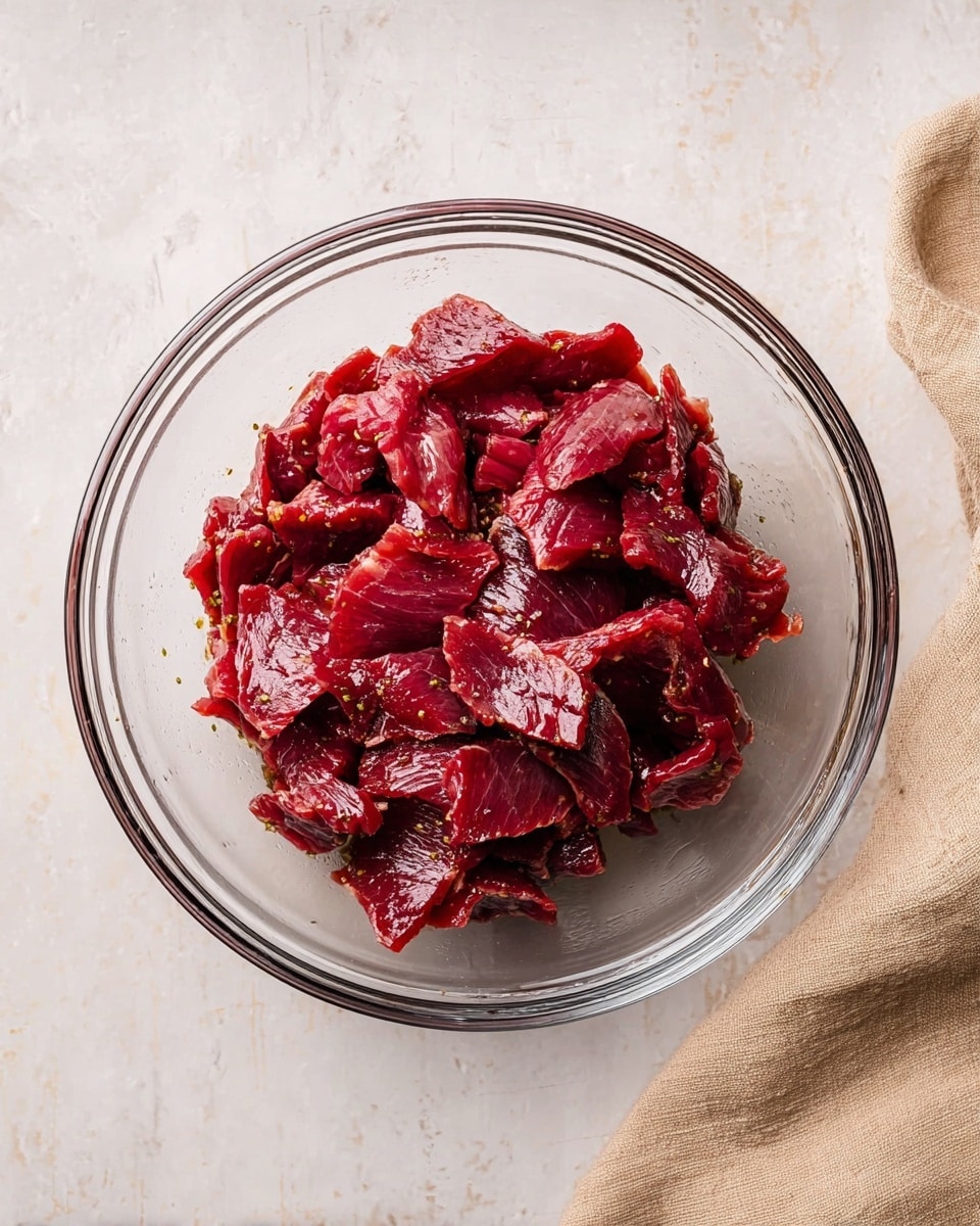 A clear glass bowl filled with many pieces of raw red meat strips, shiny from marinade, showing light and dark red shades with a glossy texture. The bowl sits on a white marbled surface with a beige cloth to the right side. The meat pieces are irregular in shape and layered roughly inside in a loose pile. photo taken with an iphone --ar 4:5 --v 7