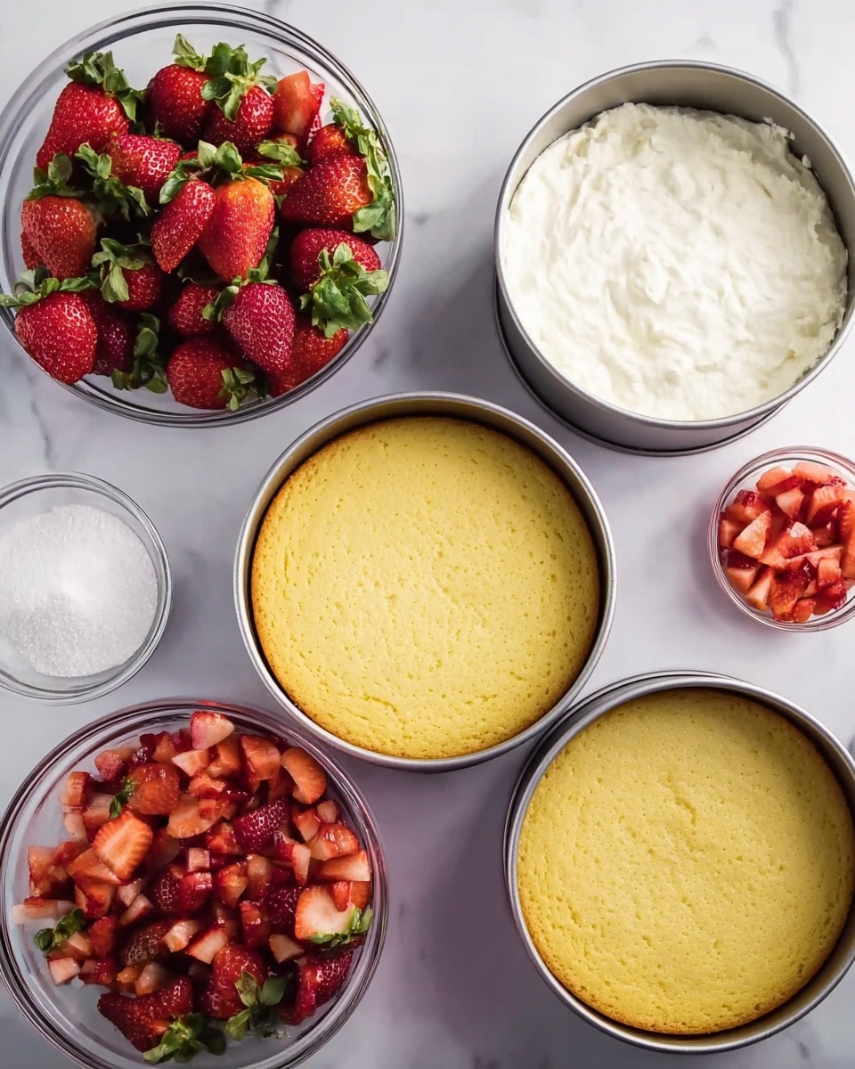 The image shows three round yellow cake layers with a soft and slightly bumpy texture, each inside silver cake pans, arranged on a white marbled surface. Surrounding the cakes are three clear glass bowls: one filled with whole and halved strawberries with green leaves, another with small chopped strawberries, and the third with smooth white cream. A small glass container with white granulated sugar completes the setup, all placed neatly and ready for assembling a strawberry and cream cake. Photo taken with an iphone --ar 4:5 --v 7