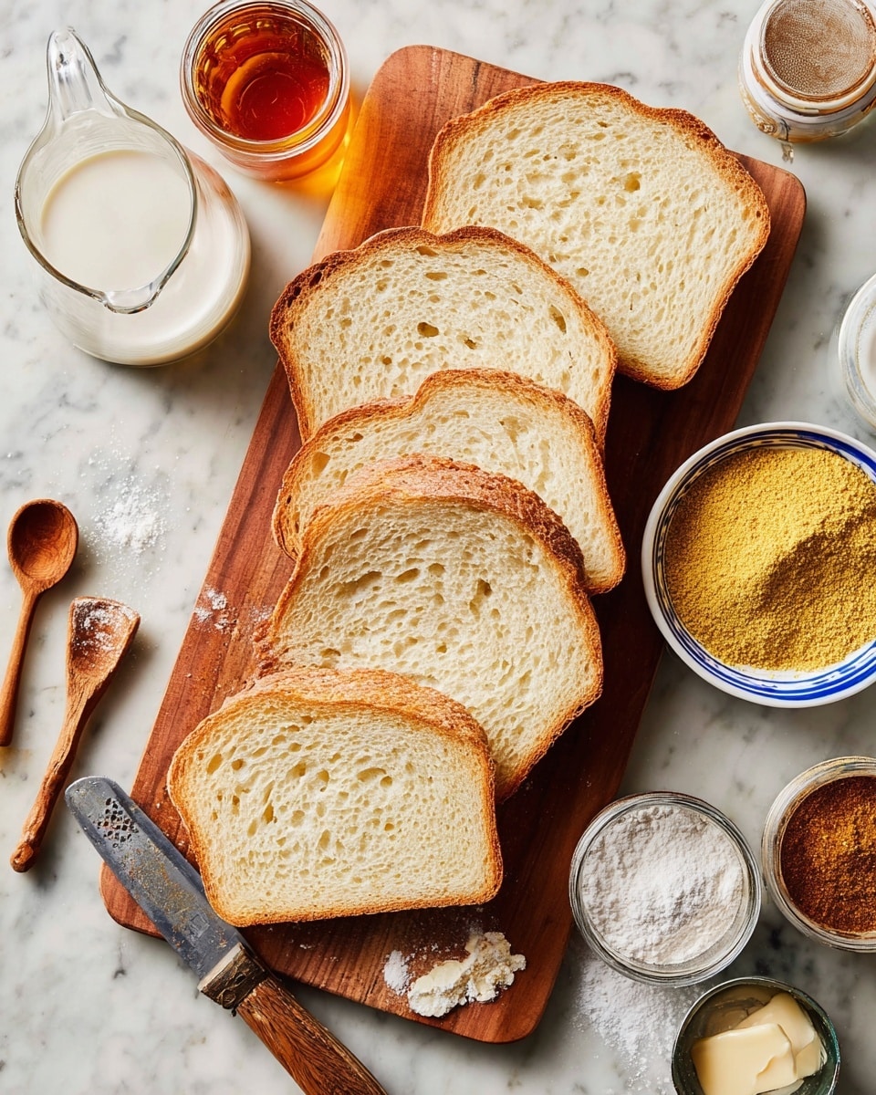 Five slices of light brown bread with soft cream-colored texture and small air holes are layered slightly overlapping on a wooden board in a diagonal line. To the right of the bread, a white bowl with a blue rim holds a heap of yellow powder. Around the board, on a white marbled surface, are small measuring spoons made of wood, a clear glass pitcher of foamy white liquid, a brown wooden-handled serrated knife, a small pile of white powder in a metal sifter, a jar of amber liquid, an open metal container with white powder, and a small jar with brown powder. The photo was taken with an iphone --ar 4:5 --v 7