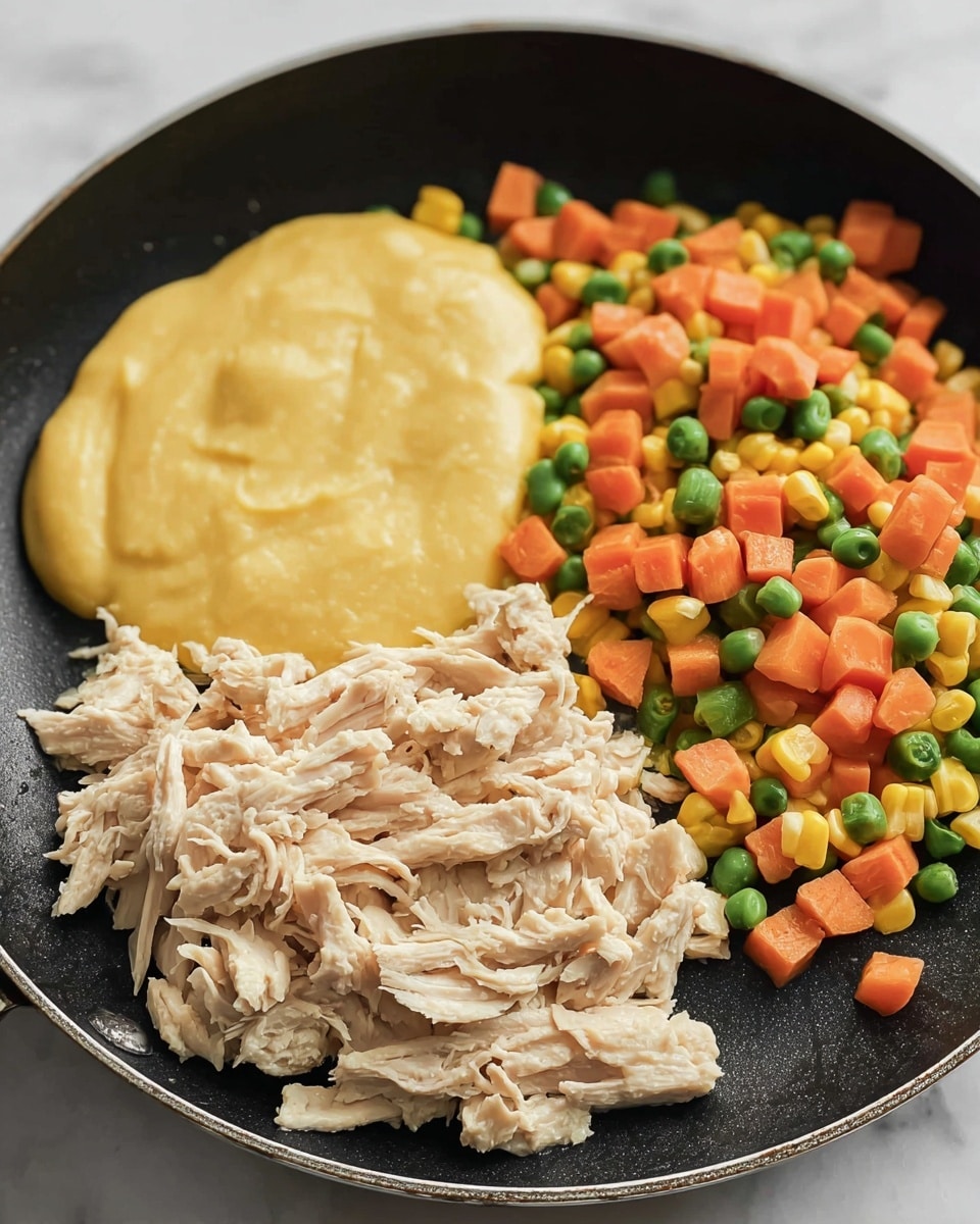 A close-up view of a black pan showing three parts: on the left is a smooth, creamy yellow sauce with a glossy texture, in the center and bottom there is a pile of light beige shredded chicken with soft and fibrous texture, and on the right side a mix of small, vibrant frozen vegetables including orange carrot cubes, green peas, yellow corn, and green beans. The pan is set on a white marbled surface photo taken with an iphone --ar 4:5 --v 7