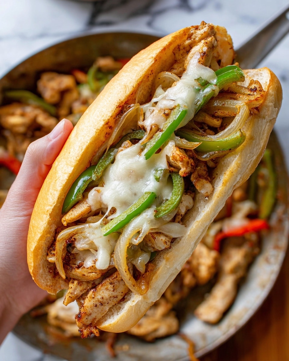 A close-up view of a sandwich held in a woman's hand, showing multiple layers inside a soft, light brown hoagie bun. The bottom layer has cooked light brown chicken strips with a slightly crispy texture. On top of the chicken, there are bright green strips of cooked bell pepper mixed with light golden sautéed onion slices. Melted white cheese is melted over the chicken and vegetables, stretching slightly as the sandwich is held open. The sandwich is positioned above a metal pan with some cooked chicken, peppers, and onions visible, all sitting on a white marbled surface. photo taken with an iphone --ar 4:5 --v 7