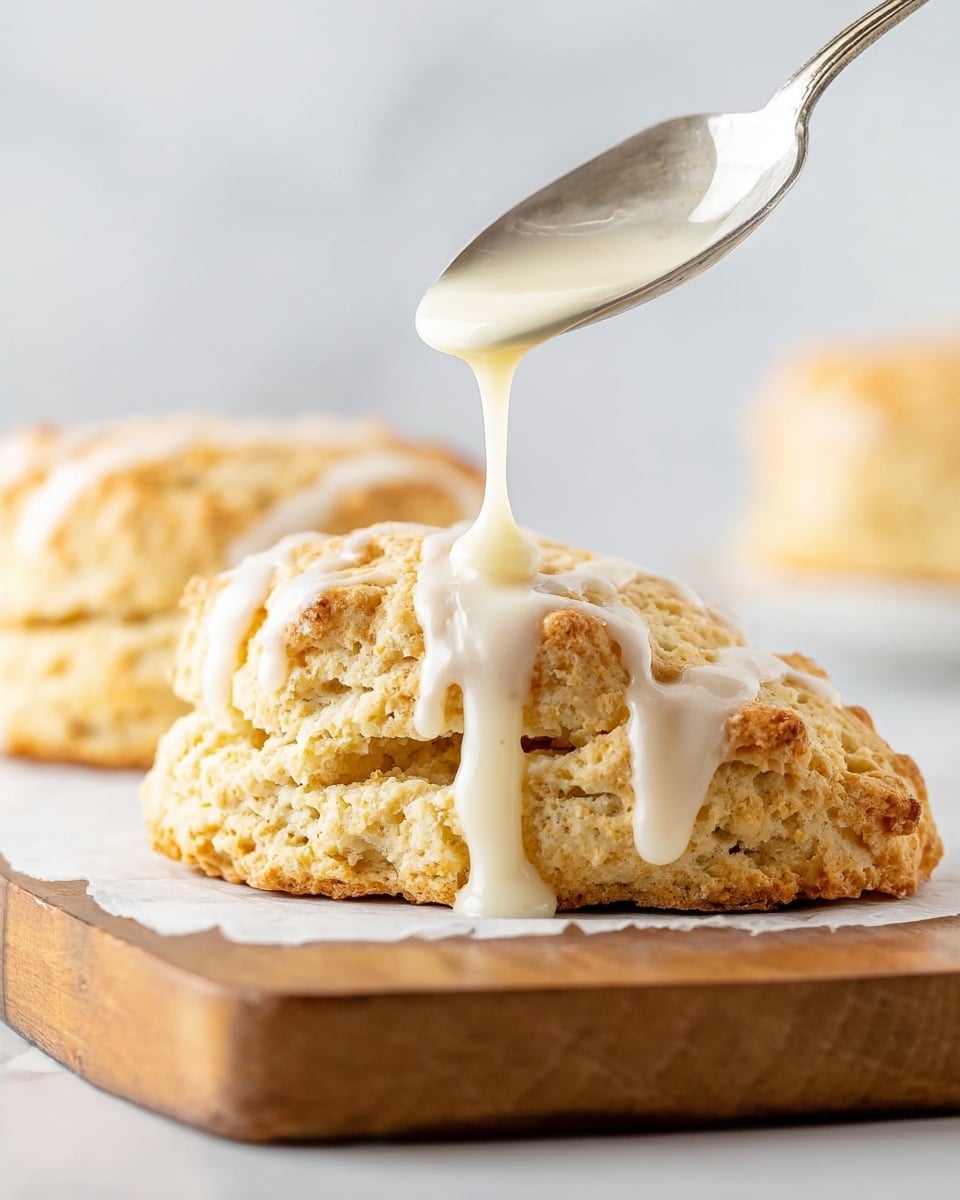 The image shows a close-up of a golden-brown scone resting on white parchment paper on a wooden board, with a smooth, creamy white glaze being drizzled over the top from a silver spoon. The scone has a crumbly, textured surface with visible layers and a lightly browned crust. In the background, there is another scone that is slightly blurred. The setting features a clean white marbled surface behind the scones. photo taken with an iphone --ar 4:5 --v 7
