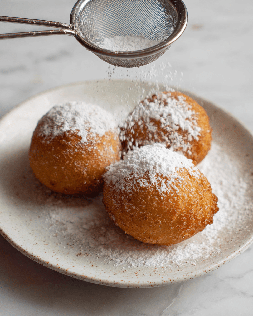 There are three round fried balls laid on a white plate with a speckled texture around the edges. The balls are golden brown and have a rough, crispy surface. A metal sieve held above them sprinkles white powdered sugar, some sugar falls onto the balls creating a light dusting on their tops. The background is a white marbled texture. photo taken with an iphone --ar 4:5 --v 7