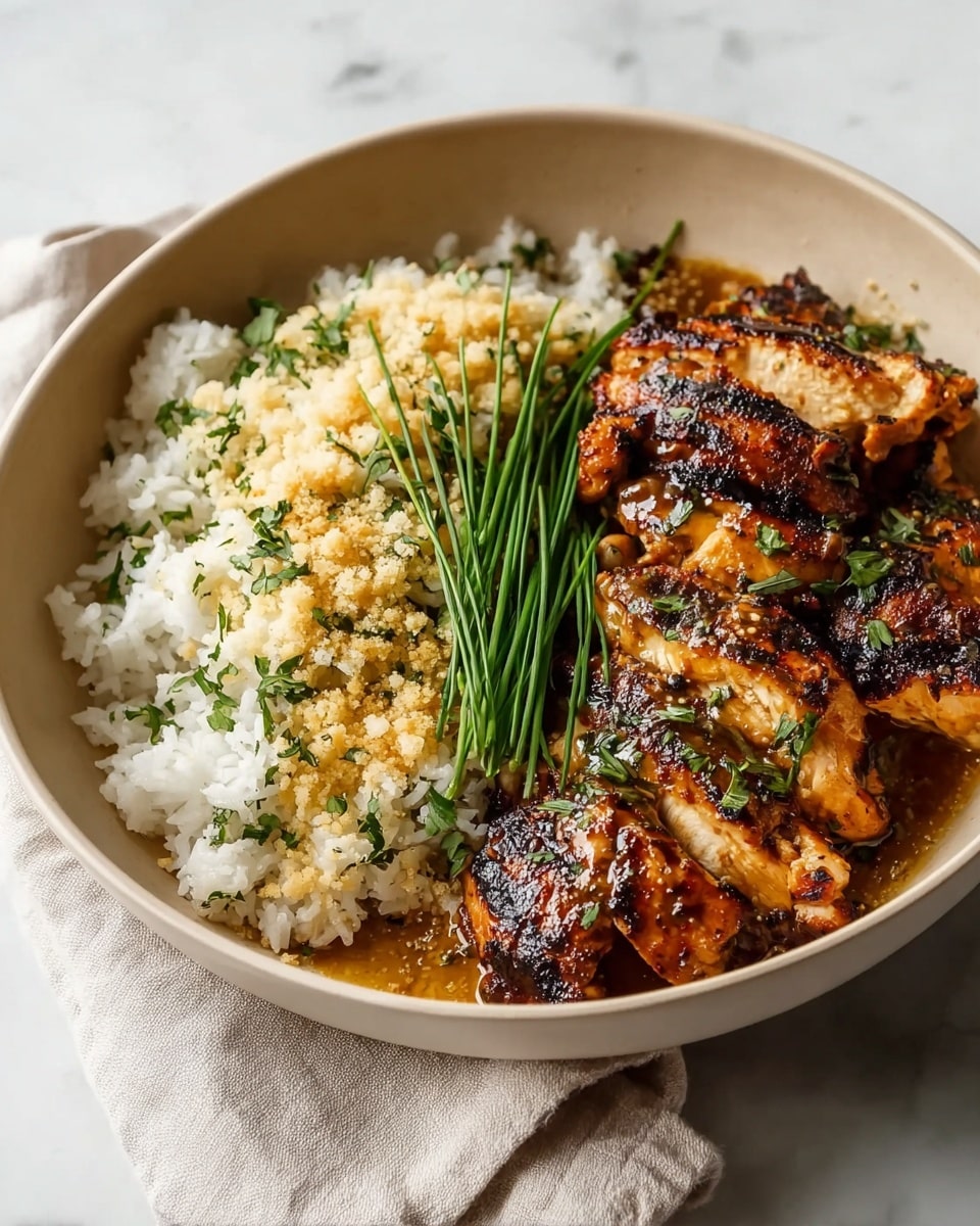A white bowl holds a dish with two parts: on the left side is a serving of white rice with some green herbs mixed in, topped lightly with golden brown crushed peanuts or spice. On the right side, there are several pieces of grilled chicken with dark, crispy char marks and a shiny, reddish-brown glaze. The chicken sits in a shallow pool of orange-brown sauce that fills the bottom of the bowl. On top, a bunch of fresh green chives is placed in the center, spreading slightly over both the rice and chicken. The bowl is set on a white marbled surface. photo taken with an iphone --ar 4:5 --v 7