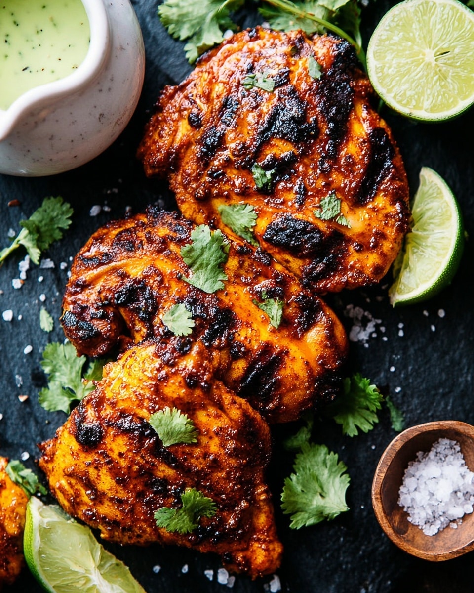 Three pieces of grilled chicken sit close together on a dark surface with a white marbled texture visible around the edges. The chicken pieces are golden orange with dark, charred spots and have a rough texture from the spices and grilling. Green cilantro leaves are spread around and on top of the chicken. Bright green lime wedges are scattered around the chicken, adding contrast. Part of a small white sauce pitcher with light green sauce is visible on the left side, and some coarse salt in a small wooden bowl is at the top right. The scene is vibrant with warm and fresh colors. photo taken with an iphone --ar 4:5 --v 7