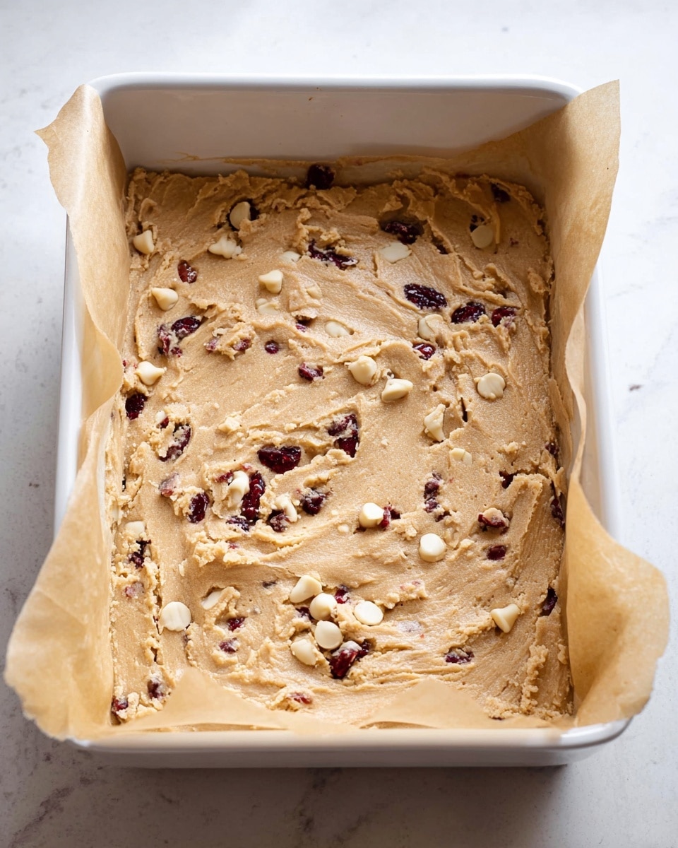 A white rectangular baking dish lined with light brown parchment paper holds one thick layer of light tan cookie dough spread evenly inside. The dough has visible small white chocolate chips and dark red dried fruit pieces scattered throughout. The texture of the dough looks soft and slightly rough with marks from spreading. The dish sits on a white marbled surface. photo taken with an iphone --ar 4:5 --v 7