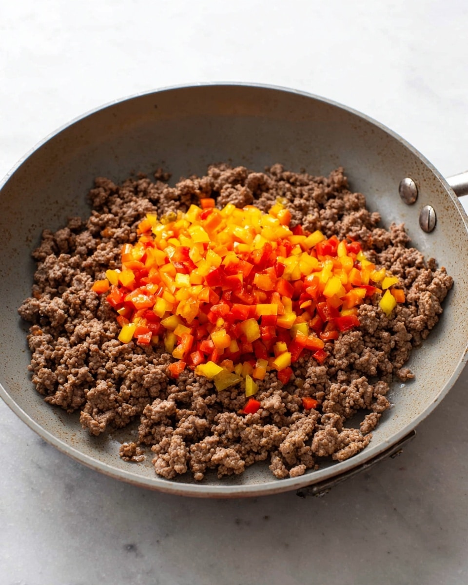 A gray pan is filled with a layer of cooked ground beef, which is brown and crumbly, covering most of the pan's bottom. On top, near the center, there is a pile of small diced bell peppers in bright yellow, orange, and some red pieces, creating a colorful contrast against the brown beef. The pan rests on a white marbled surface with soft lighting and no other items around. photo taken with an iphone --ar 4:5 --v 7