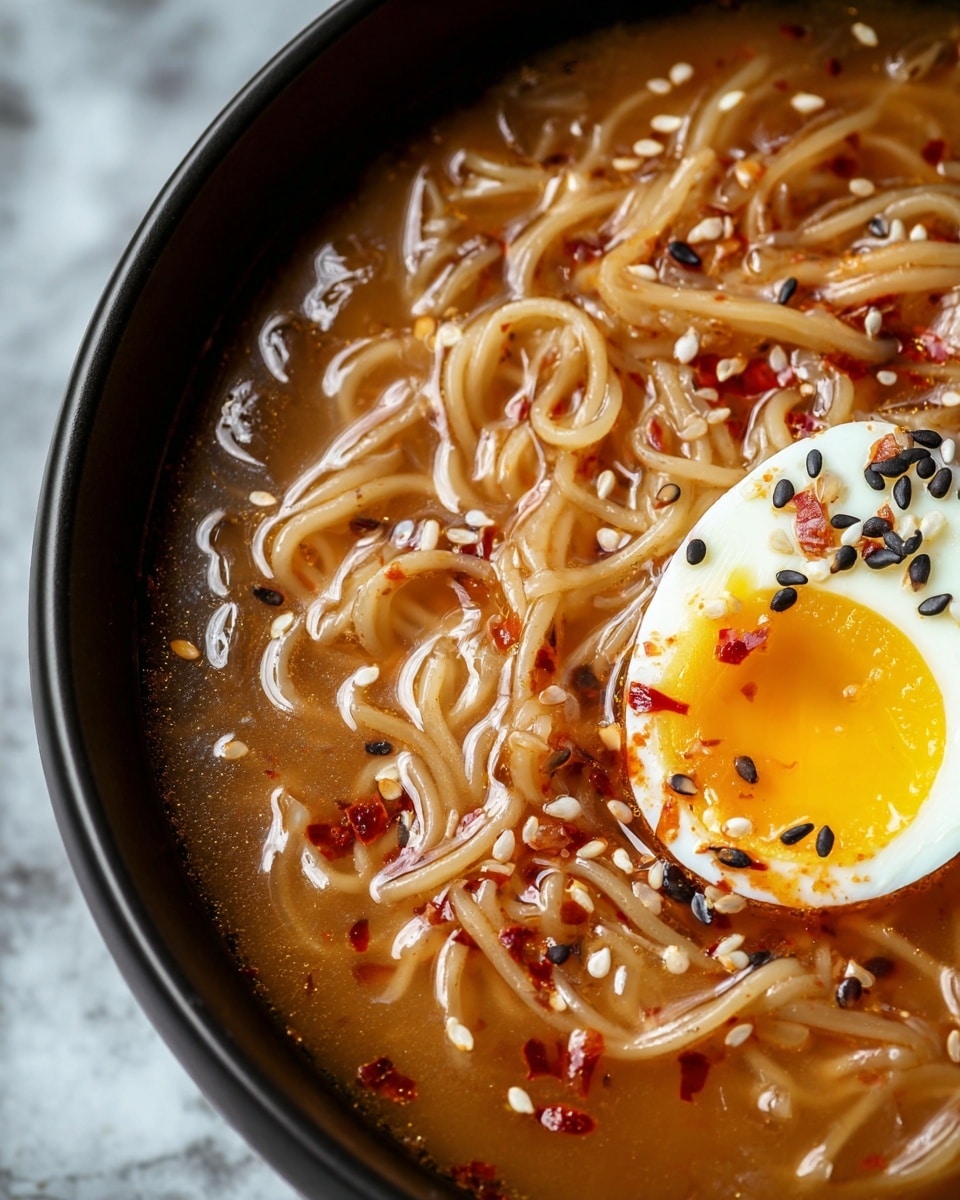 The image shows a close-up of a black bowl filled with light brown broth and thin noodles swirling through the soup. A half of a soft-boiled egg with a bright yellow yolk sits near the edge of the bowl, topped with black and white sesame seeds and red chili flakes. The broth appears rich and slightly oily, with some chili and sesame seeds floating on the surface. The background is a white marbled texture. Photo taken with an iphone --ar 4:5 --v 7
