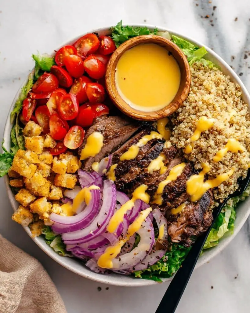 Steak Bowl Recipe with Quinoa, Pickled Red Onions, and Spicy Honey Mustard Sauce Recipe