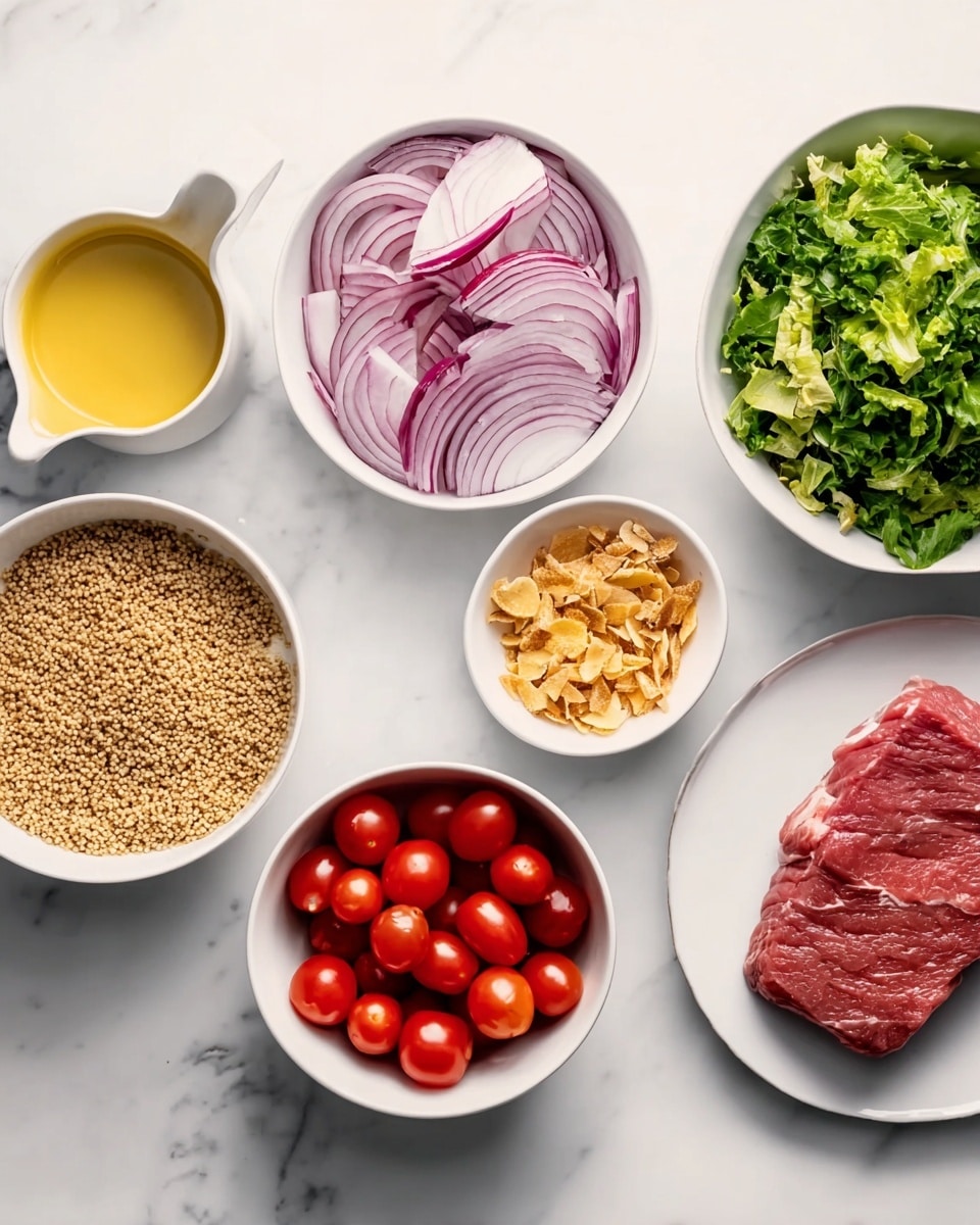 The image shows seven white dishes arranged on a white marbled surface. In the top left, there is a small white pitcher with a yellow sauce inside. To the right of the sauce, a bowl holds thinly sliced red onions with a pale purple and white color. Next to it, at the top right, is a bowl full of green chopped lettuce leaves. At the bottom left, a bowl contains light brown cooked grains, likely quinoa. To its right, a bowl is filled with bright red halved cherry tomatoes. Next, a bowl has small golden and beige crumbled pieces that look like crushed crackers or breadcrumbs. On the far right is a white plate with a raw red meat piece showing some white fat streaks. The items are all neatly placed and clearly visible. Photo taken with an iphone --ar 4:5 --v 7