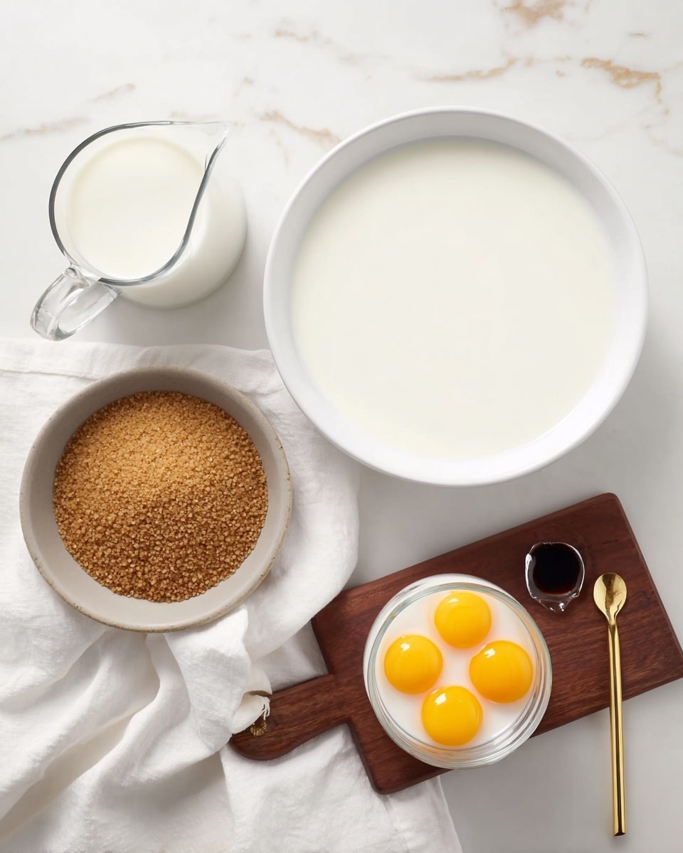 The image shows five ingredients arranged on a white marbled surface with a white cloth underneath some items. At the center is a white bowl filled with a smooth, white creamy liquid. To the left of the bowl is a clear glass pitcher also filled with white liquid. Below the pitcher is a light gray measuring cup filled with fine brown sugar grains. On the right side, a small white jar sits on a dark wooden board and contains several bright yellow egg yolks grouped tightly together. In the top right corner, a small gold spoon with a black tip holds a small amount of dark liquid. Photo taken with an iphone --ar 4:5 --v 7
