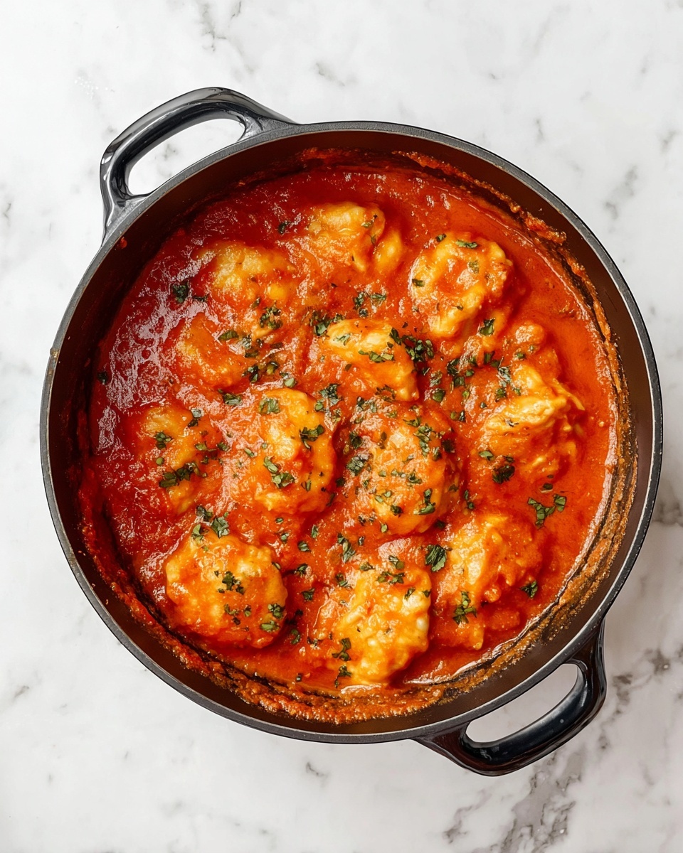 A round black pot with two handles holds several soft, orange dumplings covered in a thick red tomato sauce with small green herb pieces scattered on top. The sauce looks smooth and slightly shiny, coating the dumplings evenly. The pot sits on a white marbled surface, and the sides inside the pot are stained with some of the sauce. photo taken with an iphone --ar 4:5 --v 7