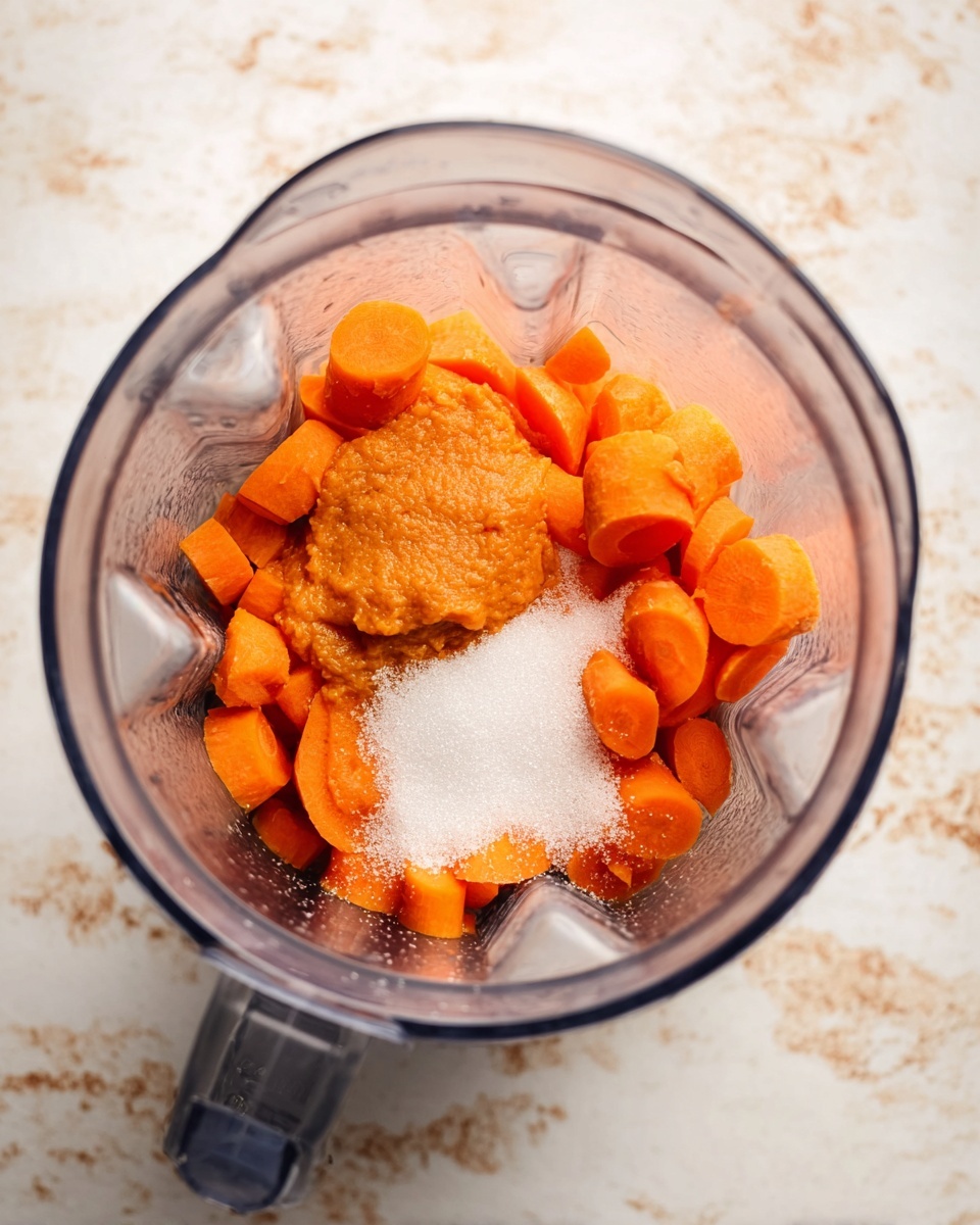 A clear blender container filled with three layers of ingredients: the bottom layer is bright orange chopped carrot pieces with a smooth texture; the middle layer is a small amount of thick, slightly darker orange paste or puree; the top layer is a small mound of white granulated sugar resting on the carrot pieces and puree. The blender is placed on a white marbled surface. Photo taken with an iphone --ar 4:5 --v 7