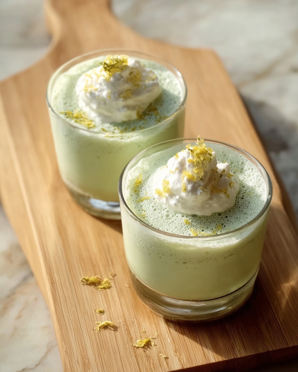 Two clear glass cups filled with a light green frothy mousse, each topped with a small dollop of white cream and tiny yellow zest pieces. The cups are placed side by side on a light wooden board with a handle. The background is a white marbled texture. photo taken with an iphone --ar 4:5 --v 7