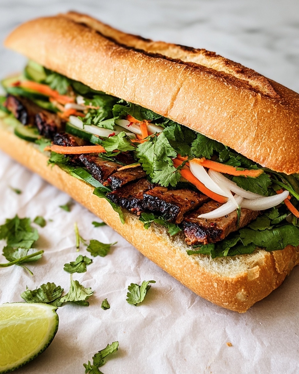 A sandwich with five visible layers inside a long, toasted golden brown baguette. The bottom layer is green fresh cilantro leaves, above it is a dark brown grilled meat layer with char marks. On top of the meat are thin strips of white onion and orange carrot pickles, followed by another layer of bright green cilantro leaves. The sandwich rests on white parchment paper with scattered cilantro leaves and a lime wedge on the side, all placed on a white marbled surface. photo taken with an iphone --ar 4:5 --v 7