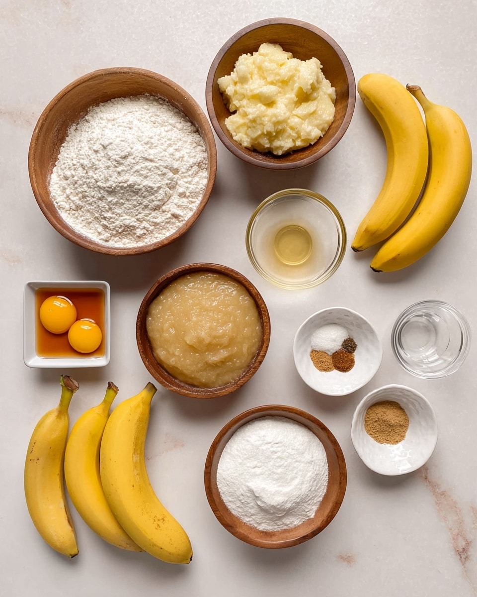 The image shows a white marbled surface with various bowls and ingredients arranged neatly. At the center left is a wooden bowl filled with white flour, with a medium texture. To the top right of it, a wooden bowl contains mashed banana pieces, light yellow and soft. Next to it, a small bowl holds thick beige apple sauce, with a slightly chunky texture. At the bottom right is a white bowl filled with fine white sugar. Nearby is a small white dish with white powder and brown spices, side by side. Just above the sugar bowl, a small wooden bowl holds two bright yellow egg yolks. To the top left, a small square white dish contains amber-colored liquid, likely honey or syrup. A small glass bowl with clear liquid stands in the middle. Around the ingredients are three whole yellow bananas, resting on the white marbled surface. photo taken with an iphone --ar 4:5 --v 7