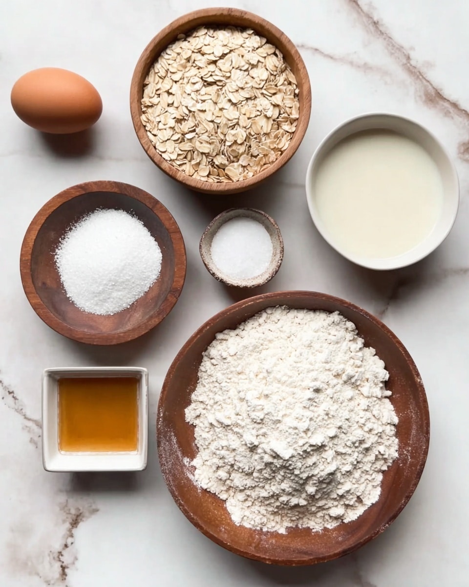 A top view of six containers with ingredients placed on a white marbled surface. In the bottom right, a large wooden bowl holds a heap of white flour with a powdery texture. Above it, a medium wooden bowl is filled with beige rolled oats showing fine texture and irregular shape. To the top right, a white bowl contains a pale creamy liquid. Near the top center, a small wooden bowl is filled with white granulated sugar. To the left, there is a single brown egg close to the sugar bowl. Bottom left, a small white bowl holds a clear liquid, and next to it, a small square bowl with a golden brown syrupy substance inside. The whole scene has natural light and soft shadows. Photo taken with an iphone --ar 4:5 --v 7