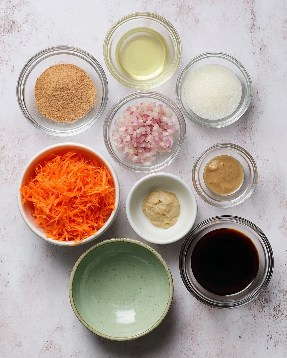 The image shows eight small bowls arranged on a white marbled surface. Starting from the top left, there is a clear glass bowl with light brown powder, next to it is another clear glass bowl with a pale yellow liquid. To the right is a white bowl with white granules. Below the powder bowl is a white bowl with finely chopped pink shallots. In the center is a round light green ceramic bowl with a smooth texture. Below the green bowl, on the left, is another white bowl filled with bright orange shredded carrots. Next to it on the right is a clear bowl with a light beige paste. At the bottom is a clear glass bowl with a dark brown liquid. The bowls are neatly arranged and the colors of the ingredients contrast with the pale surface photo taken with an iphone --ar 4:5 --v 7