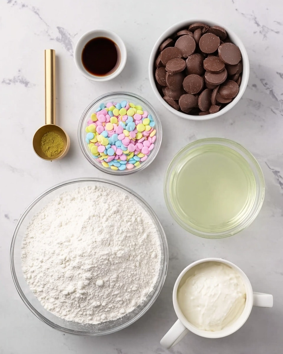 The image shows a top view of six separate containers with different baking ingredients arranged on a white marbled surface. At the bottom is a large clear glass bowl filled with a fine, white powdery substance. Above it to the left is a small gold measuring spoon with a dark brown liquid. Next to it is a small clear bowl with colorful round sprinkles in pastel shades of pink, yellow, green, and blue. Above that is a larger white bowl filled with smooth, round, brown chocolate pieces. To the right of that is a small clear bowl of a clear liquid, and next to it is a white mug filled with a light greenish liquid. On the top right is a small white bowl filled with a white creamy substance. photo taken with an iphone --ar 4:5 --v 7