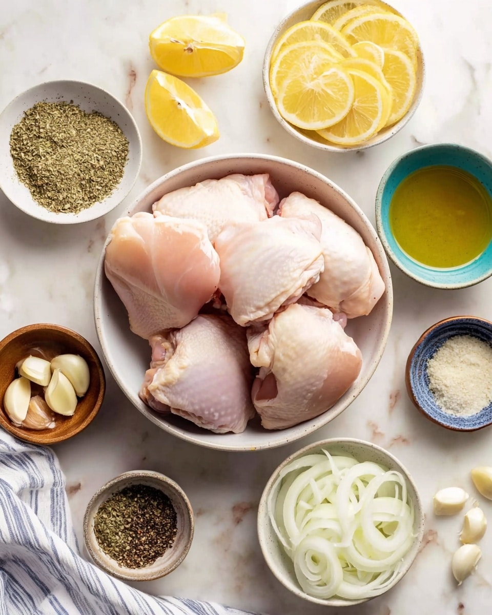 The image shows fresh ingredients neatly arranged on a wooden cutting board placed on a white marbled surface. From left to right, there are three whole ears of corn with light green husks, a metal measuring cup filled with pale yellow orzo pasta, two bright yellow lemons, a small bunch of white garlic cloves, fresh green onions with white bulbs at the bottom and long green stalks, and a tall glass jar with a red lid filled with light beige grilled artichoke hearts visible through the clear glass. The scene is simple and clean, highlighting natural colors and textures of each ingredient photo taken with an iphone --ar 4:5 --v 7