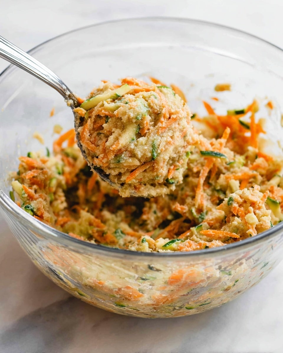 A clear glass bowl filled with a mixed batter containing shredded orange carrots, green zucchini pieces, and a light beige doughy mixture with visible small chunks, held by a silver-colored scooping tool lifting a rounded scoop of the mixture above the bowl. The bowl and tool rest on a white marbled surface, and the texture of the mixture looks soft and moist with varied shapes and colors evenly spread throughout photo taken with an iphone --ar 4:5 --v 7