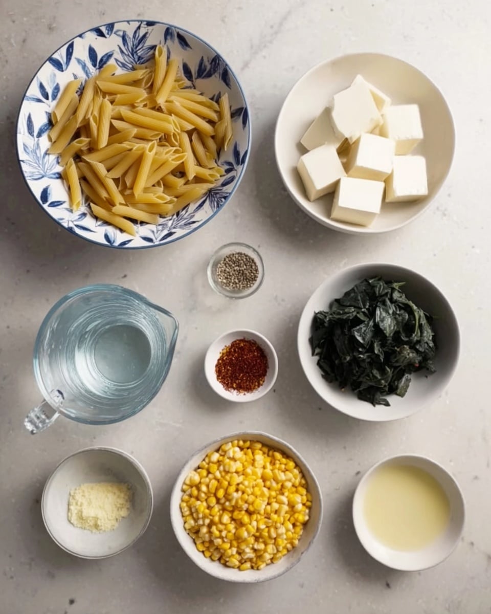 A top-down view of various cooking ingredients arranged neatly on a white marbled textured surface. On the left side, a white bowl with blue leaf patterns holds uncooked penne pasta in a pale yellow color. To its right, a plain white bowl contains several white blocks that look smooth and firm. Next to it, a white bowl holds dark green leafy vegetables clumped together. Below that, another white bowl is filled with bright yellow corn kernels. In the bottom row from left to right, there is a clear glass pitcher filled with water, a small white bowl containing red spices, another small white bowl with black pepper, a small white bowl with a bit of grated or minced yellow ingredient, and a small white bowl with a light yellow liquid. The setup looks clean and ready for cooking. Photo taken with an iphone --ar 4:5 --v 7