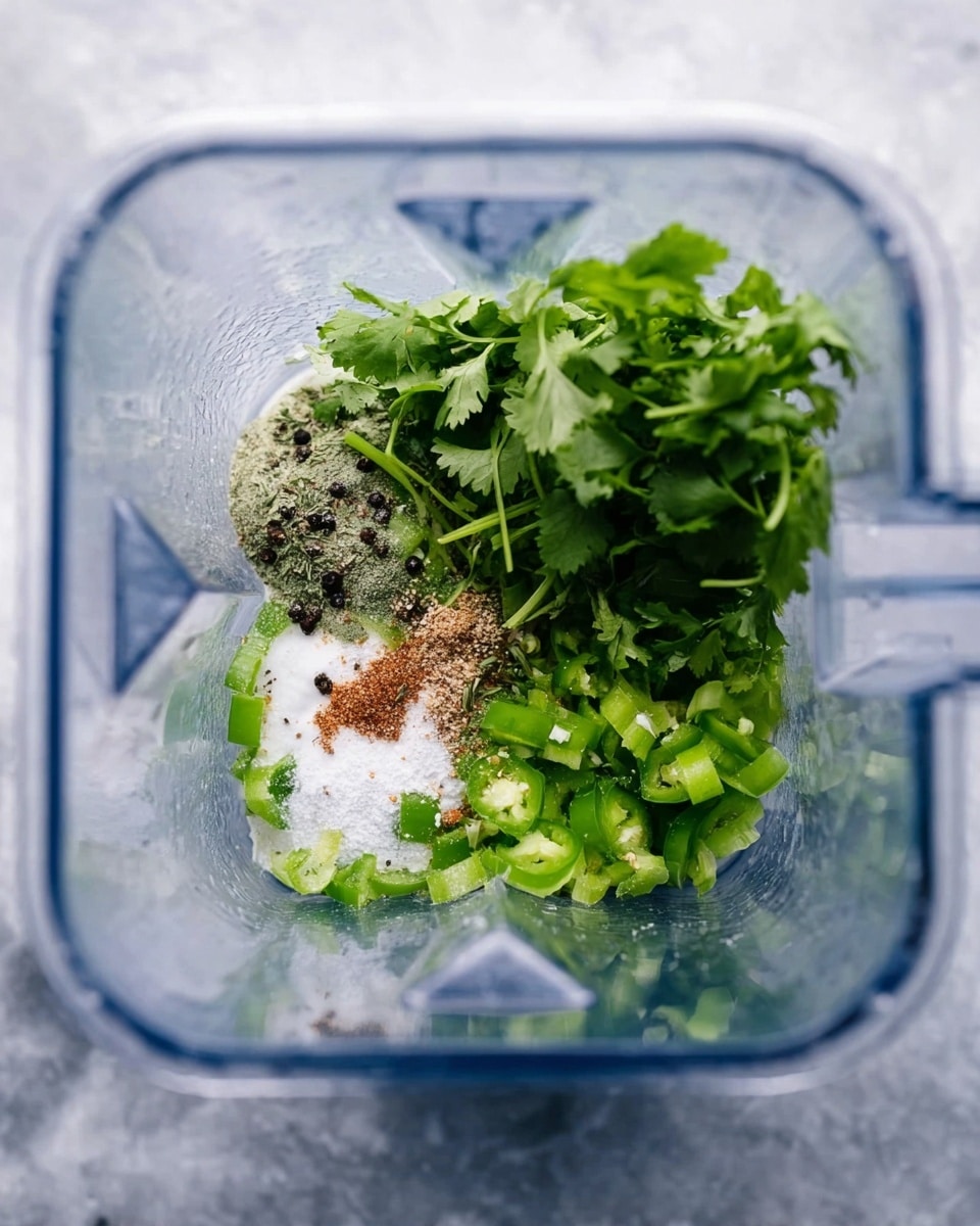 The image shows a top view inside a clear blender container with several ingredients layered at the bottom. The first layer consists of small chopped green pieces like jalapeño or green pepper around the edges. Above this, there is a pile of fresh green cilantro leaves placed mostly on one side. Scattered on top near the cilantro are small amounts of black pepper, white salt, and light brown spice powder. The background is a white marbled surface visible through the clear blender. photo taken with an iphone --ar 4:5 --v 7
