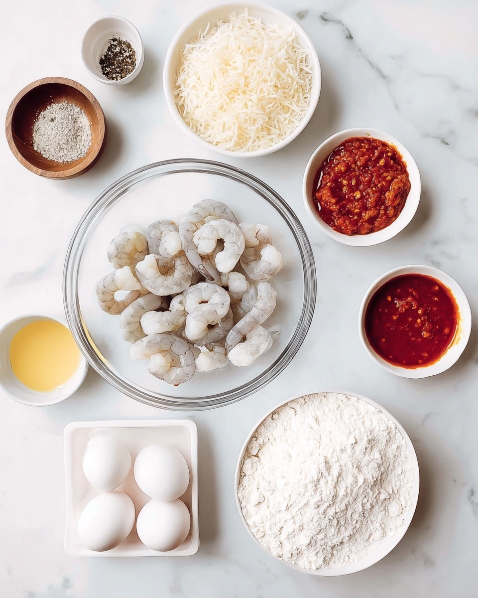 The image shows a clean white marbled surface with multiple small white bowls and containers arranged neatly. In the center is a clear bowl filled with raw peeled shrimp that are grayish-white with tails. To the right is a white bowl full of shredded coconut in off-white color, while above it is a smaller white bowl containing white flour. Near the top right, there are two small white bowls holding bright red sweet chili sauce with a chunky texture and a darker chunky reddish-brown sauce. On the top left, a small wooden bowl contains a mix of salt and ground black pepper, showing a dark and light contrast. Below, a white container holds three white eggs, and nearby is a small white bowl with a pale yellow liquid, likely oil. Photo taken with an iphone --ar 4:5 --v 7