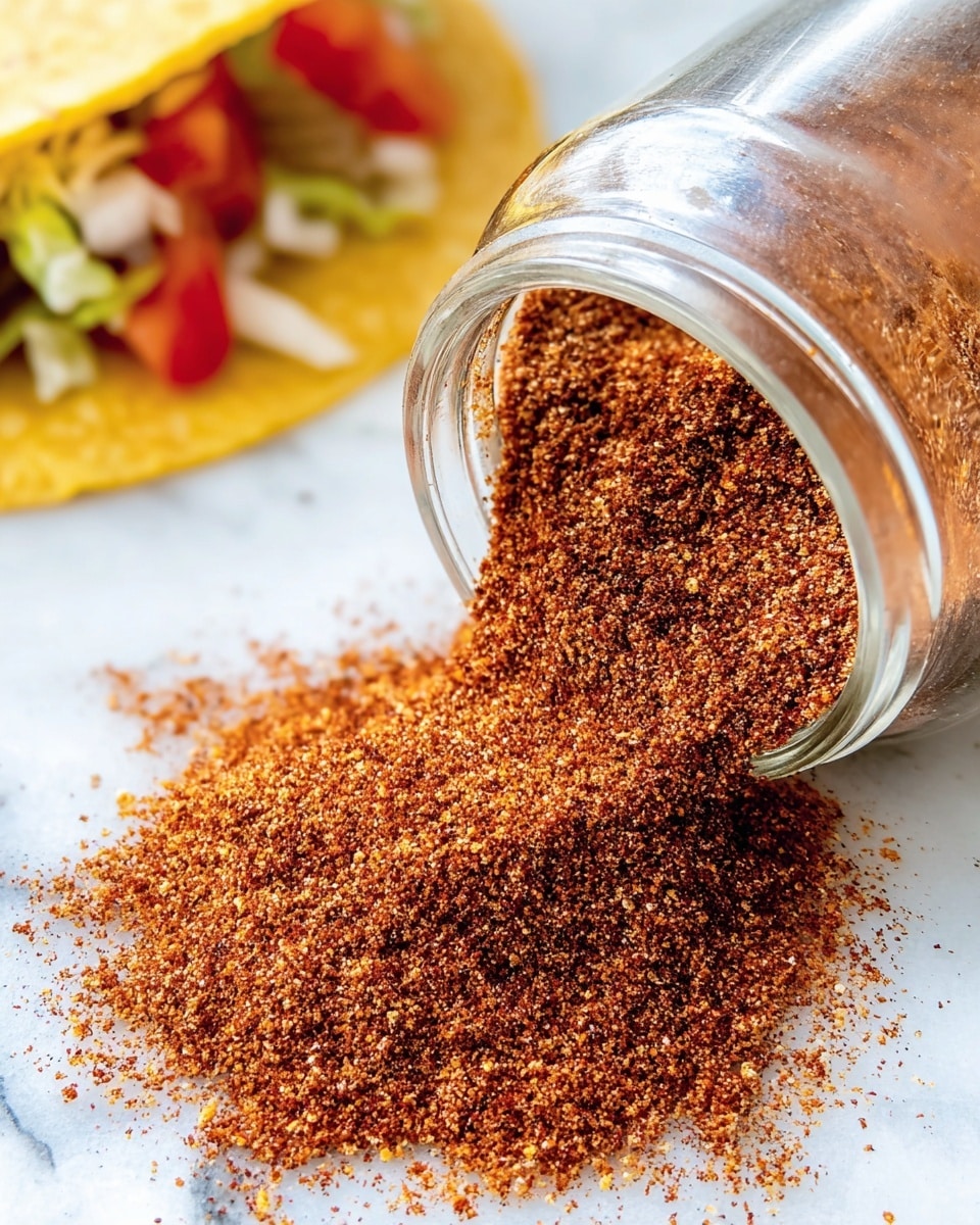 A close-up image shows a glass jar tipped on its side on a white marbled surface with a heap of reddish-brown spice mix spilling out in front of it. The spice mix has a coarse texture with visible grains of different colors including red, orange, and white. On the left, part of a yellow corn tortilla taco filled with shredded lettuce, red tomato pieces, and white onion can be seen, resting on the same white marbled surface. The overall scene is bright and clear, highlighting the rich texture of the spices and fresh colors of the taco ingredients. Photo taken with an iphone --ar 4:5 --v 7
