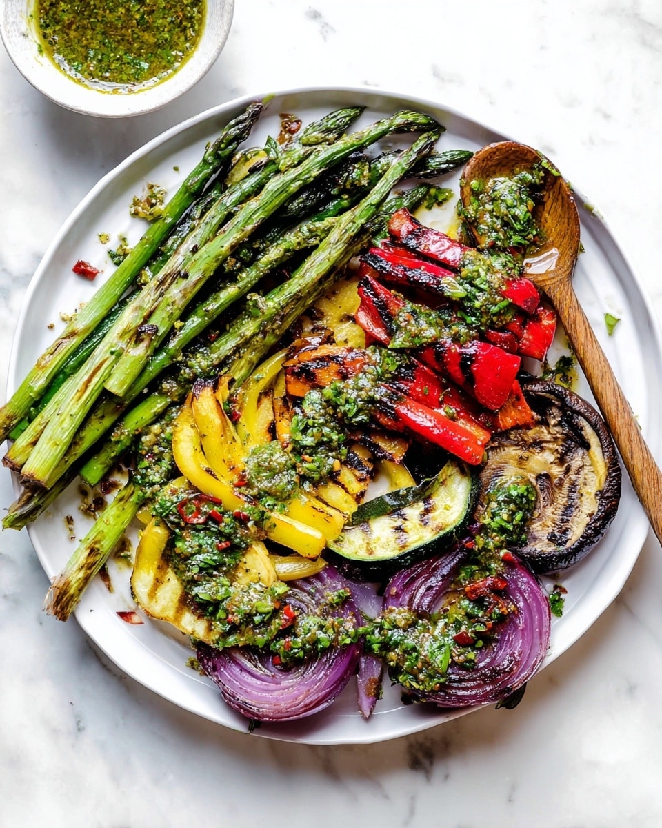 A white plate holds a colorful mix of grilled vegetables arranged in three main layers: bright green asparagus spears lay on top, followed by charred red bell pepper strips and yellow zucchini slices with grill marks, and a base of grilled portobello mushroom caps and purple onion rings. The vegetables are sprinkled with a vibrant green herb sauce that looks thick with small bits of garlic and red chili, giving a fresh and zesty look. A wooden spoon with some sauce on it rests on the plate’s edge. The plate sits on a white marbled surface, and there's a small white bowl with more sauce next to it. photo taken with an iphone --ar 4:5 --v 7