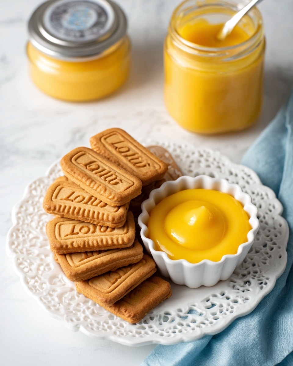 A white lace-edged plate holds a neat stack of golden-brown rectangular Lotus biscuits with detailed edges and the word