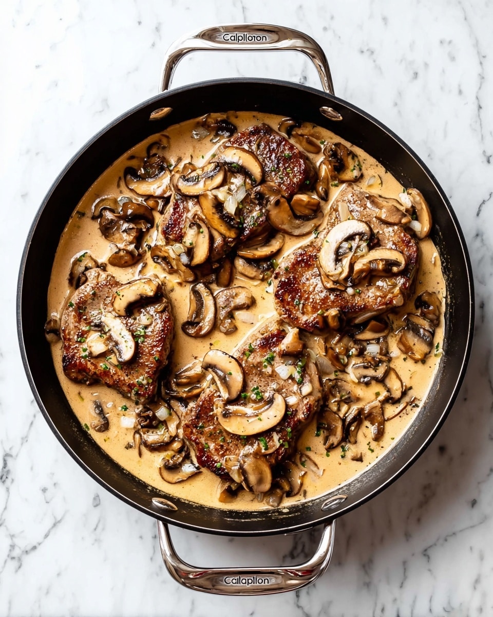 A black pan with silver handles sits on a white marbled surface, filled with five browned meat pieces partially covered in a creamy beige sauce. On top of the meat and scattered around the pan are many sliced mushrooms, light brown with darker edges, floating in the sauce. Small bits of finely chopped onions are sprinkled on the meat and in the sauce, adding texture. The sauce has a smooth, rich look, pooling around the meat and mushrooms evenly. The pan handle has the word