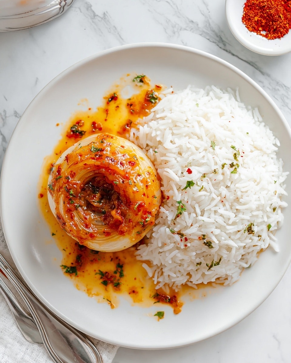 The image shows a white round plate with two main parts: on the right side, there is a neat mound of fluffy white rice with long grains, and on the left side, there is a roasted round onion topped with reddish-orange sauce that looks spicy, with visible herbs and oil around the onion spreading slightly onto the rice. The plate is placed on a white marbled surface, with part of a silver fork visible on the left edge and a small white bowl with red powder near the bottom. Photo taken with an iphone --ar 4:5 --v 7