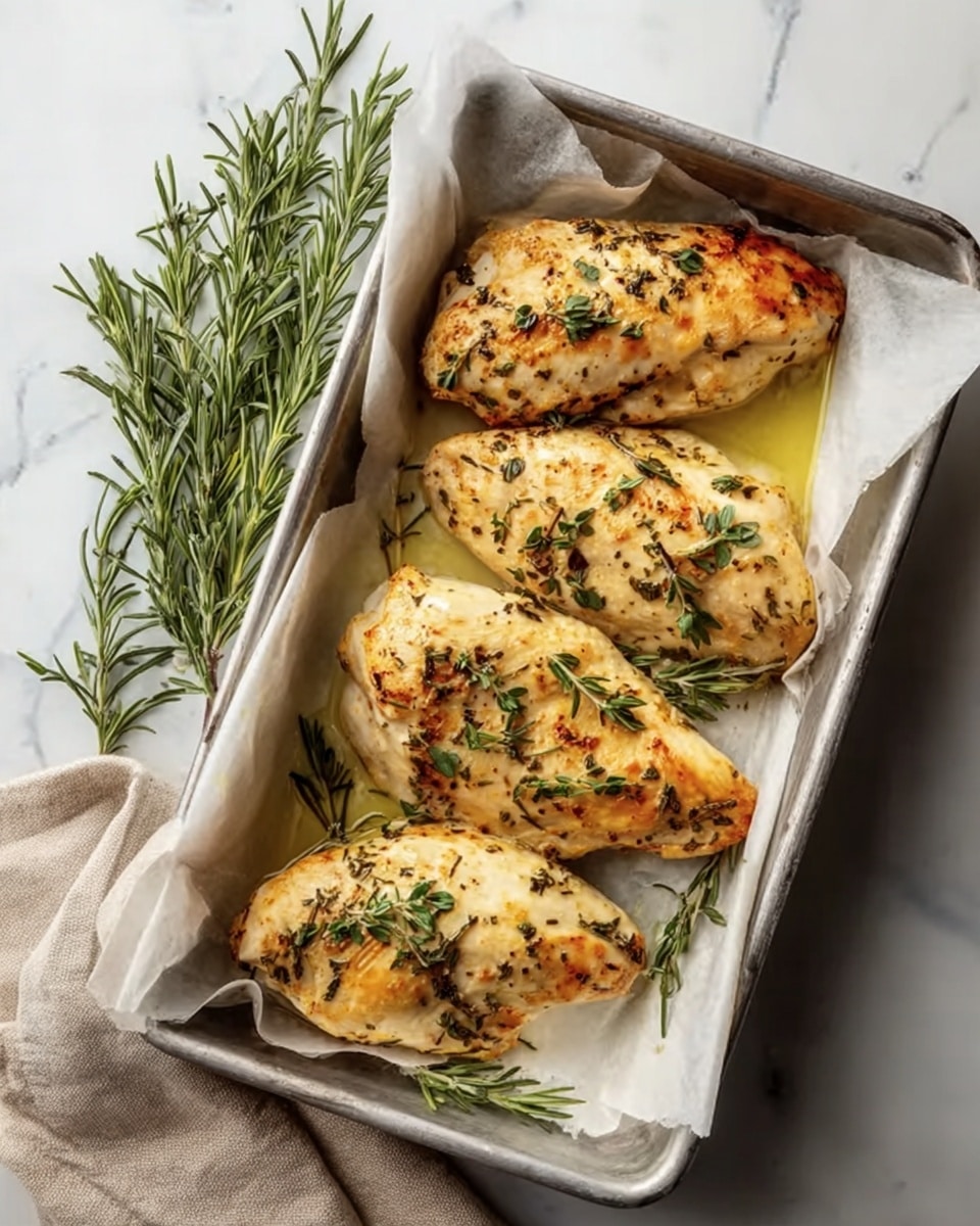 A metal baking tray lined with white parchment paper holds four golden-brown cooked chicken pieces topped with small green herb leaves and sprigs of fresh rosemary. The chicken pieces are arranged neatly in two rows, evenly spaced, with some olive oil pooled at the bottom. To the left side of the tray, there is a cluster of rosemary sprigs resting on a beige cloth next to the tray. The whole setup sits on a white marbled surface that gives a clean and fresh look. photo taken with an iphone --ar 4:5 --v 7