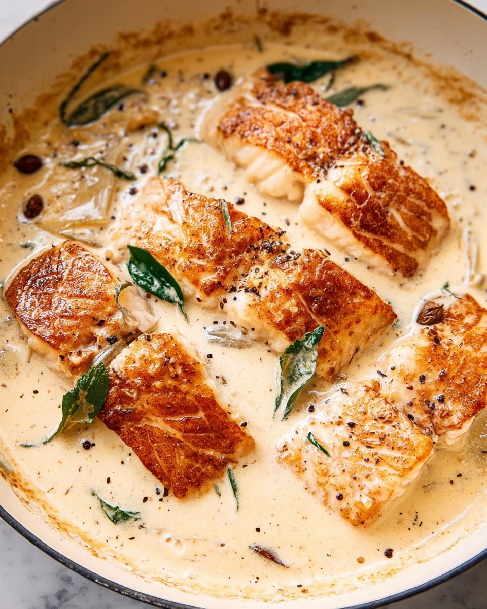 The image shows four pieces of golden-brown cooked fish fillets lying side by side in a creamy light beige sauce with visible black pepper specks. The cream sauce looks thick and smooth, covering parts of the fish, with some fresh green leaves and dark brown whole spices scattered in the sauce. The fish has a crispy, slightly textured surface with a warm tone that contrasts with the pale sauce around it. The dish is in a white pan with visible edges, and the background is a white marbled surface. photo taken with an iphone --ar 4:5 --v 7
