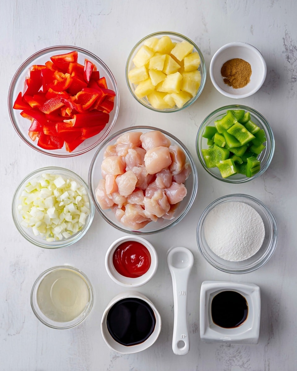 A flat lay photo shows small clear glass bowls and white ceramic containers placed on a white marbled surface, each filled with different ingredients. A central bowl contains light pink raw chicken pieces. Surrounding it are bright red chopped bell peppers, pale yellow pineapple chunks in a can, green bell pepper pieces, and white onion chunks in clear bowls. There are small white dishes holding minced garlic, minced ginger, light brown sugar labeled 1/4 cup, ketchup in a white measuring cup labeled 1/2 cup, and a dark soy sauce in a white bowl. A small clear bowl contains a white powder, a tiny clear bowl with a light liquid, plus a small white cup with clear liquid add to the mix. The arrangement is neat and colorful with a fresh look. Photo taken with an iphone --ar 4:5 --v 7