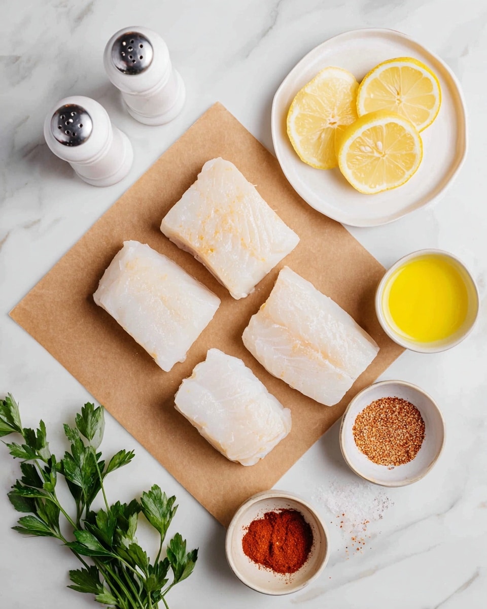 Four pieces of raw white fish fillets are placed on a square piece of brown parchment paper in the center of the image. Around the fish are small white bowls containing bright yellow melted butter, minced garlic, red paprika powder, and brown seasoning. There is a small white round plate with five thin lemon slices on the top right. Two white salt and pepper shakers are on the top left, and a small bunch of green parsley is on the left edge. All items are on a white marbled surface. Photo taken with an iphone --ar 4:5 --v 7