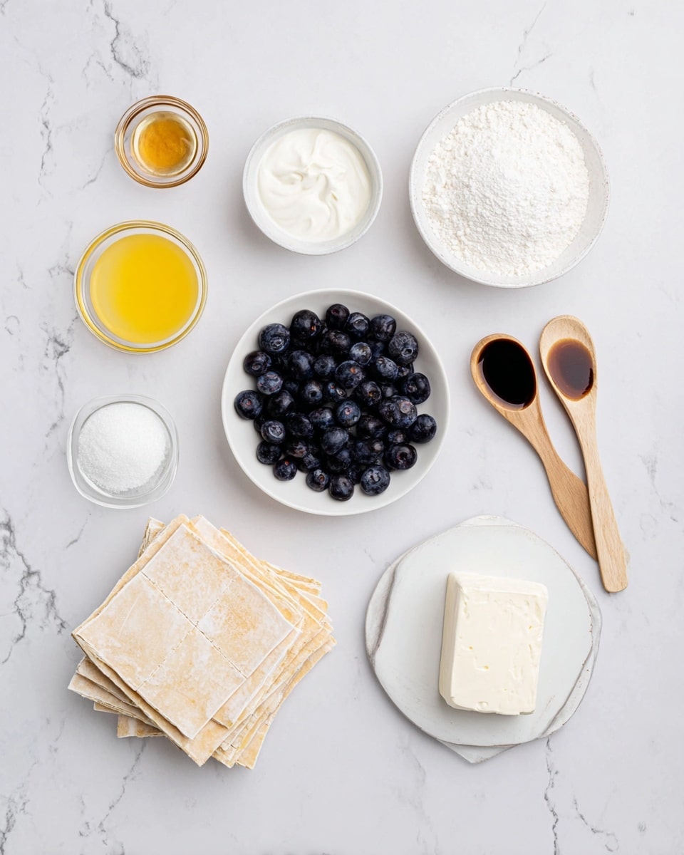 The image shows six ingredients arranged on a white marbled surface: in the center, a white bowl filled with halved dark blueberries; above it, a small white bowl of thick white cream; to the left, a small glass bowl with yellow melted butter; below the butter, a small glass bowl of white powdered sugar; below the blueberries, a white plate stacked with light beige square pastry sheets dusted with flour; and to the right, a white plate with a block of white cream cheese. Two wooden spoons are placed on the right side, one with brown vanilla extract and the other with white sugar. Photo taken with an iphone --ar 4:5 --v 7