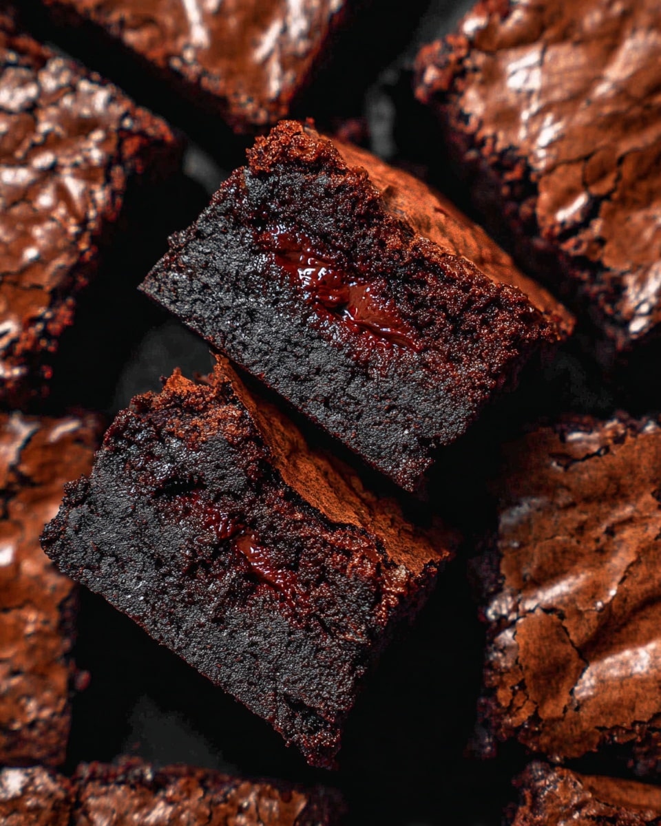 The image shows several dark chocolate brownies with a shiny, cracked top layer. Each brownie has a dense, moist texture with a visible middle layer of melted chocolate in a slightly lighter brown shade. The brownies are cut into square pieces and arranged closely together, emphasizing their rich and fudgy interior. The surface they rest on is not visible, focusing fully on the deep brown, glossy tops and the textured sides of the brownies. photo taken with an iphone --ar 4:5 --v 7