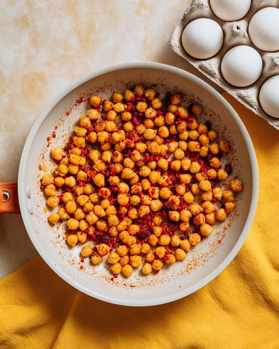 A white pan holds a single layer of cooked chickpeas mixed with small red chunks, all coated in a reddish seasoning. The chickpeas and red pieces fill most of the pan’s bottom, with some scattered in the center. The pan is placed on a yellow cloth, and next to it, a carton with four white eggs is partially visible. The surface beneath everything has a white marbled texture. photo taken with an iphone --ar 4:5 --v 7