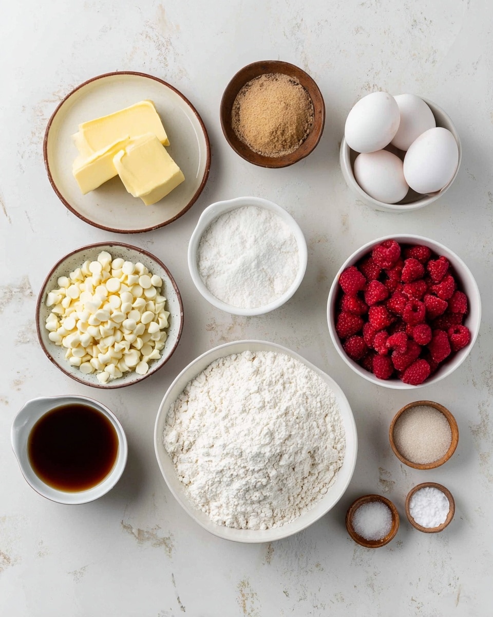 The image shows an overhead view of a group of ingredients arranged neatly on a white marbled surface. There is a small white bowl with dark brown liquid near the bottom left, a medium white bowl filled with white flour to its right, and a larger white bowl on the bottom right half filled with white sugar and the other half with light brown sugar. At the top left, two pieces of yellow butter rest on a small white plate with a brown rim. Slightly below the butter, a white bowl holds white chocolate chips, and next to it on the right is a white bowl filled with bright red frozen raspberries. On the top right, a small white pitcher contains two raw eggs, and below it are three small wooden bowls holding white powder, baking powder, and salt. The setting is bright and clean with a soft natural light. Photo taken with an iphone --ar 4:5 --v 7