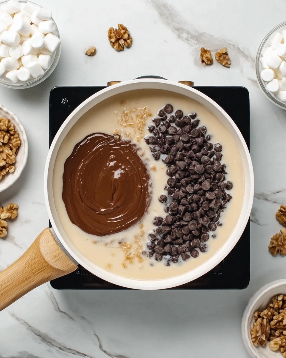 A white pan with light wood handles sits on a black stovetop, placed on a white marbled surface. Inside the pan are three main layers: a creamy light beige liquid forming the base, a thick smooth layer of melted brown chocolate spread in a circular patch on the left side, and a pile of small, dark brown chocolate chips clustered on the right side. Around the pan on the white marbled surface are small white marshmallows in a white bowl, some scattered walnuts, and a few loose chocolate chips. photo taken with an iphone --ar 4:5 --v 7