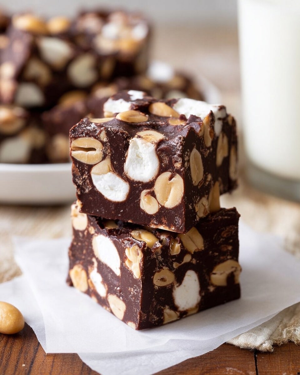 The image shows two square pieces of chocolate fudge stacked on top of each other. Each piece has a dark brown chocolate base mixed with white marshmallows and light brown peanut pieces embedded inside. The fudge has a slightly rough texture on the top and the sides, showing the nuts and marshmallows clearly. The squares are placed on a white paper on a wooden surface, with a blurred glass of milk in the background and another white plate holding more fudge pieces. The overall look is rich and chunky, with a clear contrast between the dark chocolate, white marshmallows, and tan peanuts. Photo taken with an iphone --ar 4:5 --v 7