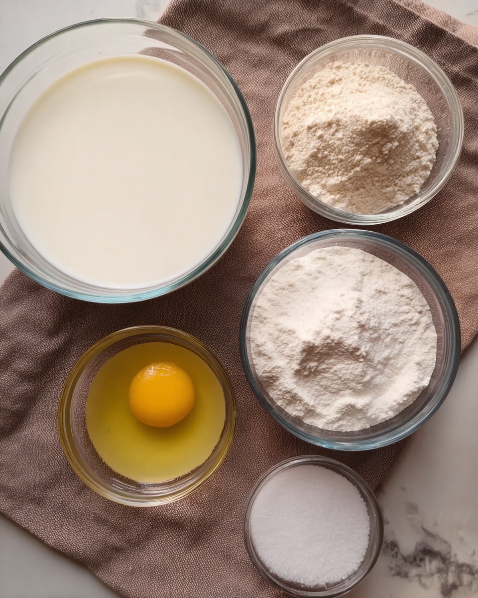 This image shows five clear glass bowls placed on a brown cloth over a white marbled surface. The top left bowl is filled with white milk, smooth and creamy in texture. Next to it at the top right is a bowl with light brown flour that looks soft and powdery. Below the milk bowl is a smaller bowl with a bright yellow raw egg yolk surrounded by clear egg white. To the right of the egg bowl is another bowl filled with fine white sugar, looking smooth and reflective. The bottom right bowl contains a small amount of salt or another fine white powder. The light is soft and natural, highlighting the different textures clearly. Photo taken with an iphone --ar 4:5 --v 7