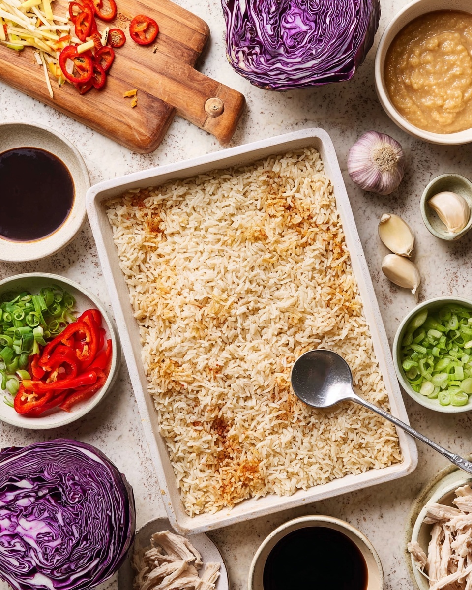 The image shows a white rectangular tray filled with a single layer of cooked rice that is light beige with some darker soy sauce spots, and a silver spoon resting on top at the bottom right. Surrounding the tray are small white bowls holding chopped green onions, chopped red bell peppers, and a creamy light brown sauce. There is a wooden cutting board with a purple cabbage head and thin shredded purple cabbage. Nearby, there are garlic cloves, small bowls with dark and light sauces, and a bowl with shredded white meat, all placed on a white marbled surface. photo taken with an iphone --ar 4:5 --v 7