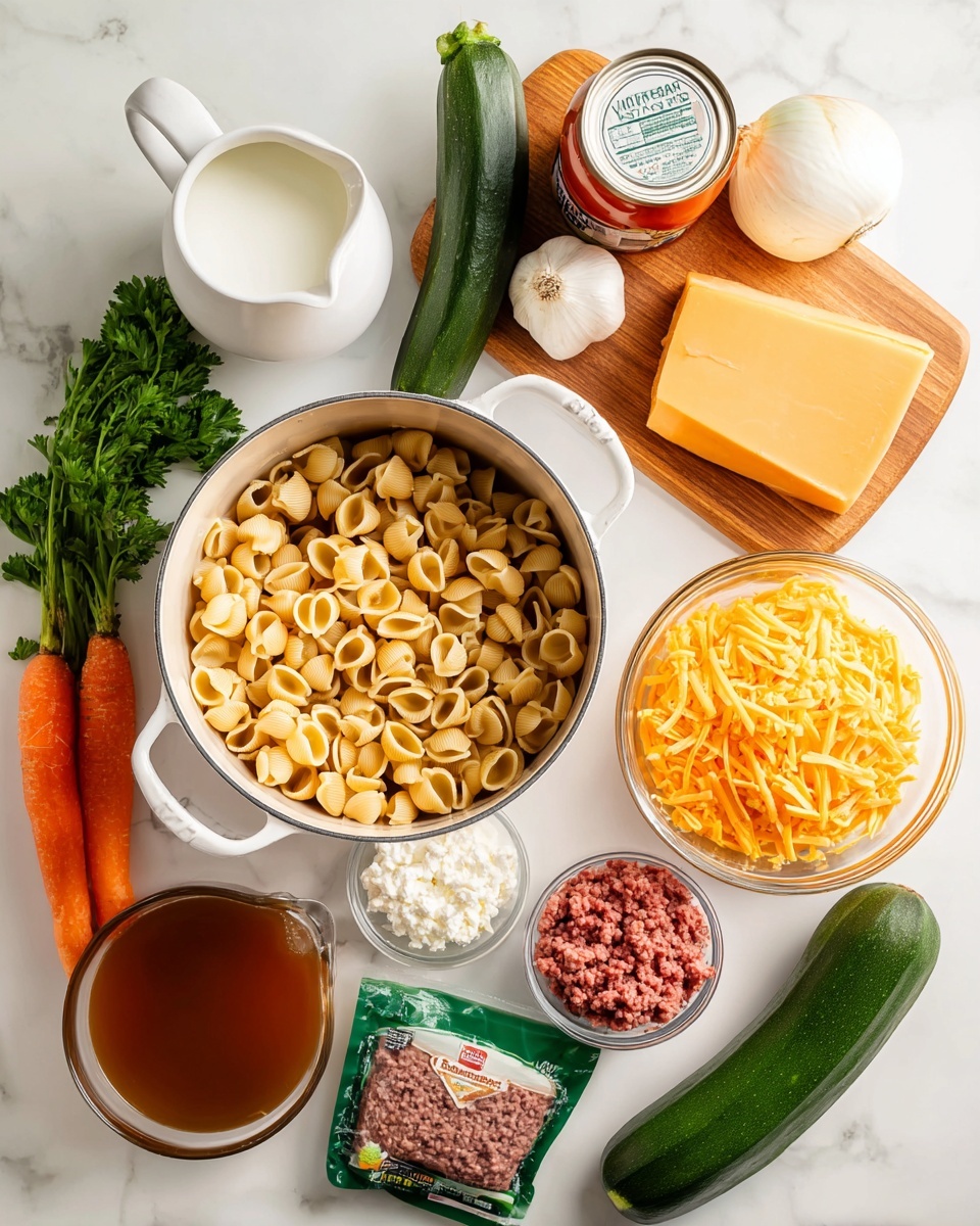 The image shows a white pot filled with dry shell pasta in a clear glass bowl, a whole onion, two medium zucchinis with dark green skin, and a small can of tomato sauce placed inside the pot. Around the pot on a white marbled surface, there are three whole carrots, a small glass jug of cottage cheese, a white ceramic small pitcher of milk, a package of ground beef in green wrapping, a bunch of fresh green parsley, a small round white bowl with mixed spices, a clear glass measuring cup filled with brown broth, and a wooden board holding a large block of cheddar cheese next to a clear bowl filled with shredded cheddar cheese. Photo taken with an iphone --ar 4:5 --v 7