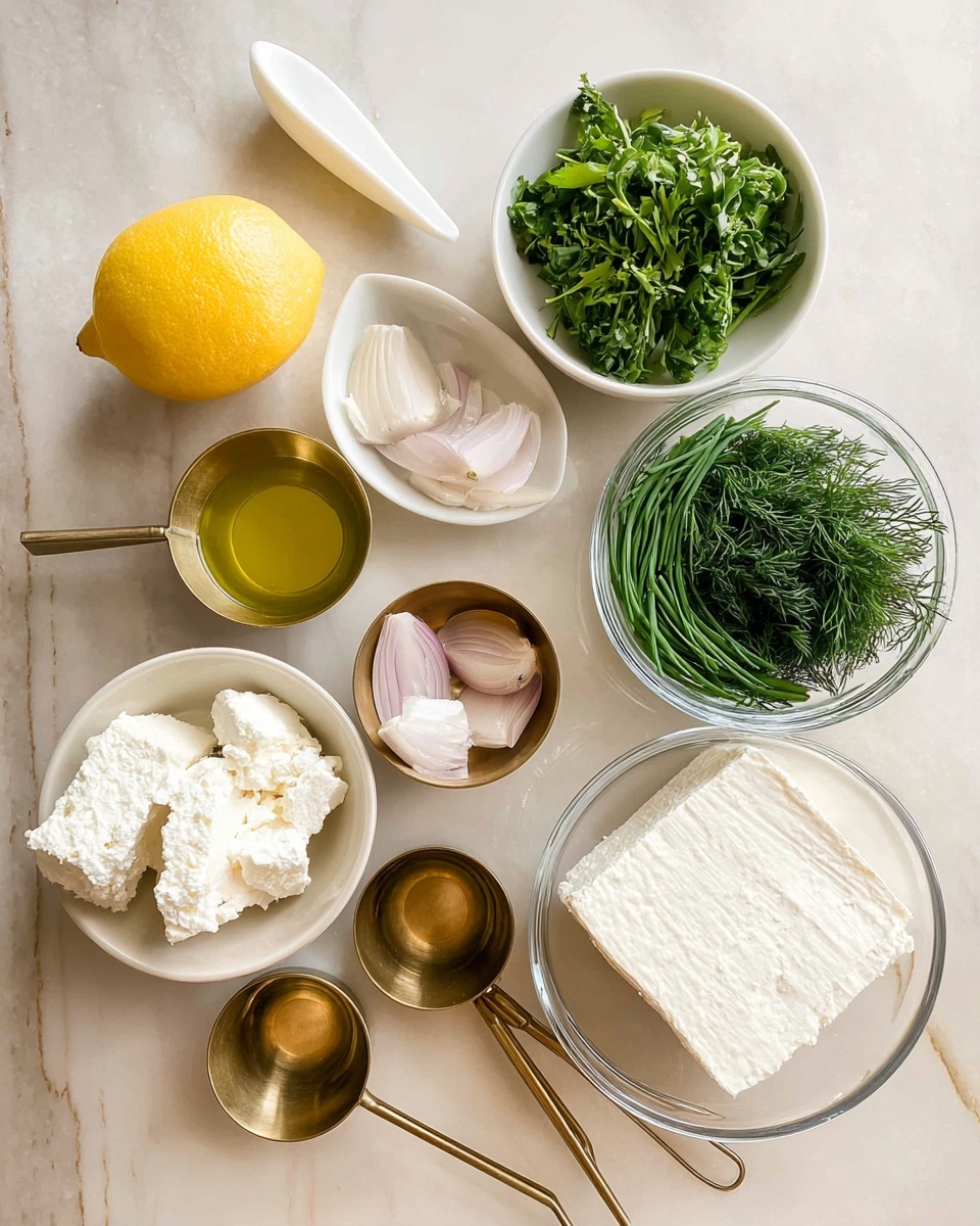 The image shows a top view of several small white bowls and glass bowls arranged on a white marbled surface, each holding ingredients for cooking. In the top left, there is a half lemon with pale yellow color. Below it on the left, a small white spoon rests on the surface. In the center, three white bowls hold fresh green chives, bright green cilantro leaves, and dark green dill, each bowl showing fine textures of the herbs. Towards the bottom left, two brass measuring cups are filled with white, soft creamy cheese in two portions, and another brass cup with golden olive oil. On the bottom right, a glass bowl contains two pale pink slices of shallot. On the top right, a glass bowl holds a chunk of pale off-white cheese with a firm texture. The arrangement is neat and well-lit, showing clear vibrant colors and details of the ingredients. photo taken with an iphone --ar 4:5 --v 7