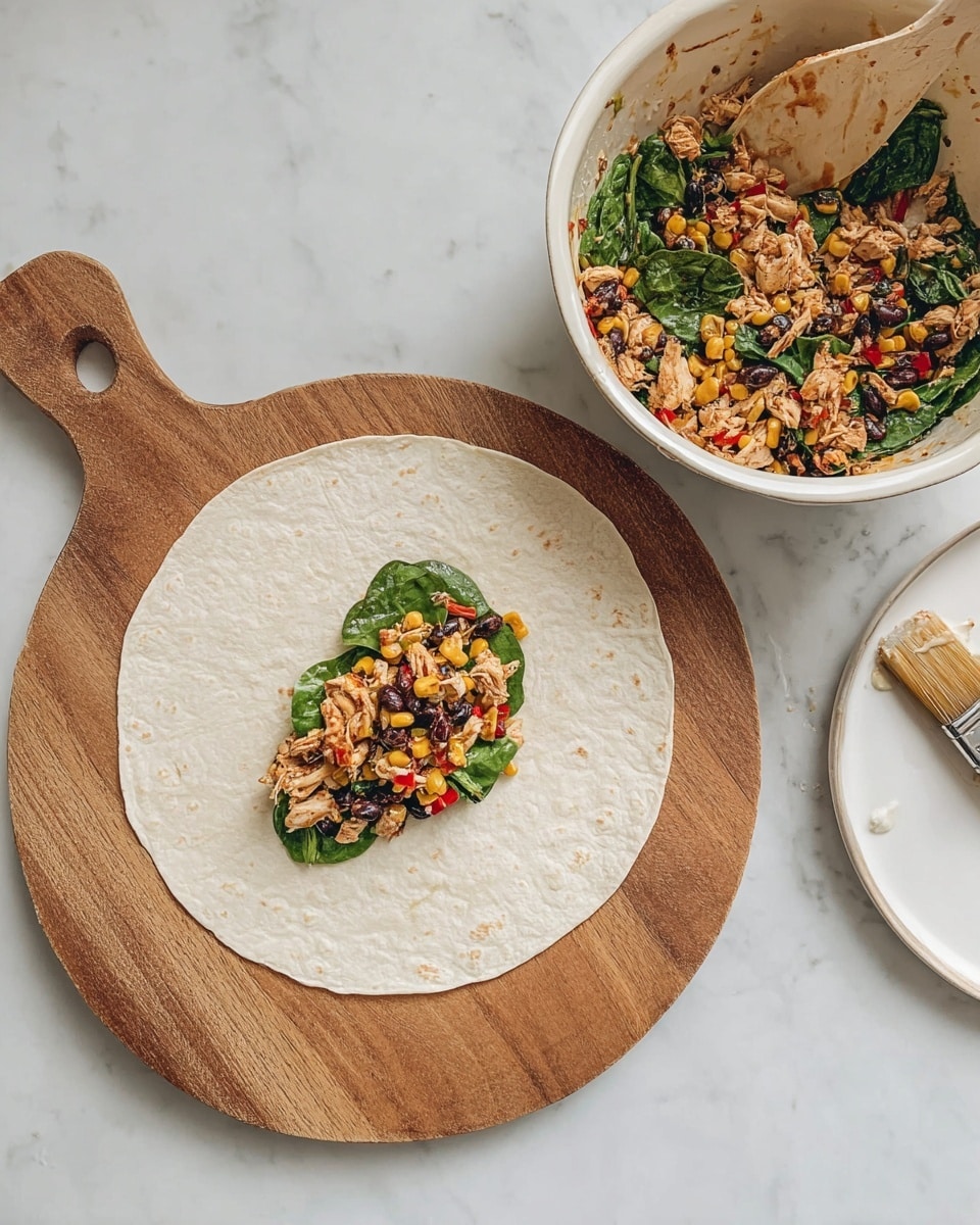 A stack of white tortillas is placed on a round wooden board with a handle on the left side, on a white marbled surface. On top of the tortillas, near the center, is a small pile of colorful filling with dark green spinach leaves, yellow corn, black beans, red bell pepper pieces, and shredded light brown chicken mixed together. To the upper right of the wooden board, there is a white bowl filled with the same mixed filling and a spoon resting inside, showing a close view of the ingredients including spinach leaves and small chunks of chicken. To the right bottom edge of the image, there is an empty white plate and a paintbrush lying beside it on the white marbled surface. Photo taken with an iphone --ar 4:5 --v 7