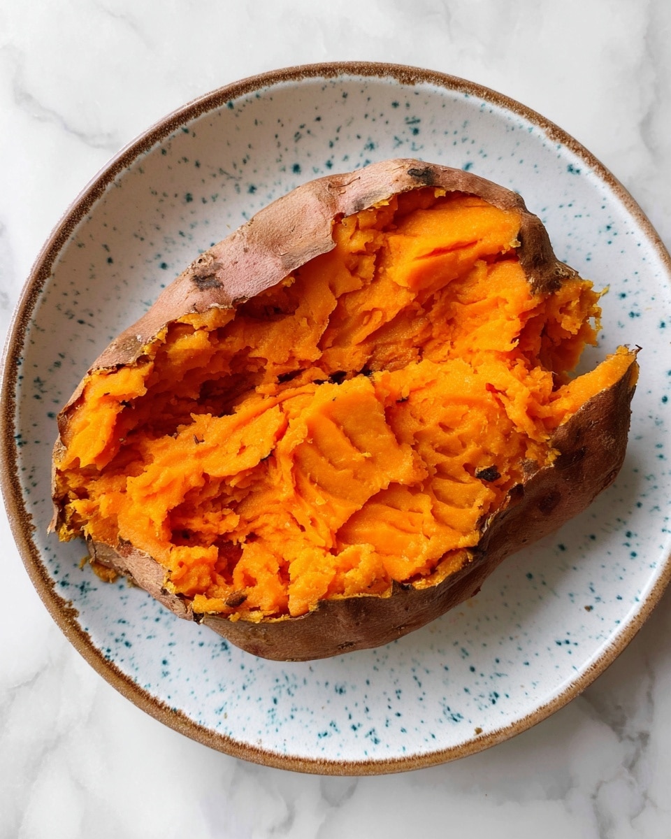 A baked sweet potato is split open on a white plate with light blue speckles and a brown rim. The sweet potato has a rough brown skin around the edges and bright orange soft flesh inside. The flesh looks soft and mashed, with visible ridges and texture showing it was pressed or mashed. The plate is placed on a white marbled surface. photo taken with an iphone --ar 4:5 --v 7