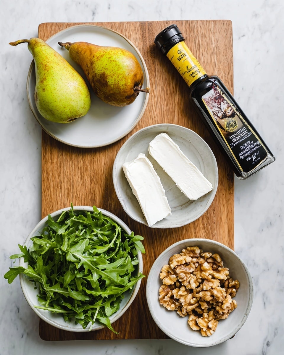 A wooden board is placed on a white marbled surface, holding several items. At the top left, a white plate holds two pears, one green and one more yellow-brown. On the right side, there is a bottle of balsamic glaze with a yellow and black label leaning diagonally. Below the bottle is an uneven white bowl with two slices of soft white cheese inside. At the bottom left, a white bowl is filled with fresh green arugula leaves. Next to it, at the bottom right, another white bowl contains a handful of walnut pieces. The arrangement is clean and fresh. photo taken with an iphone --ar 4:5 --v 7